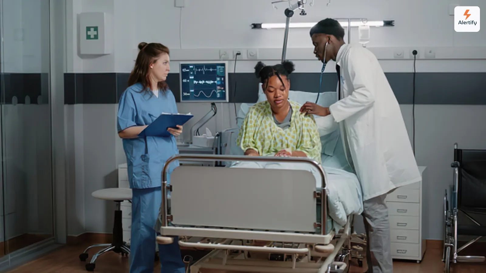Nurse and doctor attending a patient sitting up in a hospital bed in a patient room