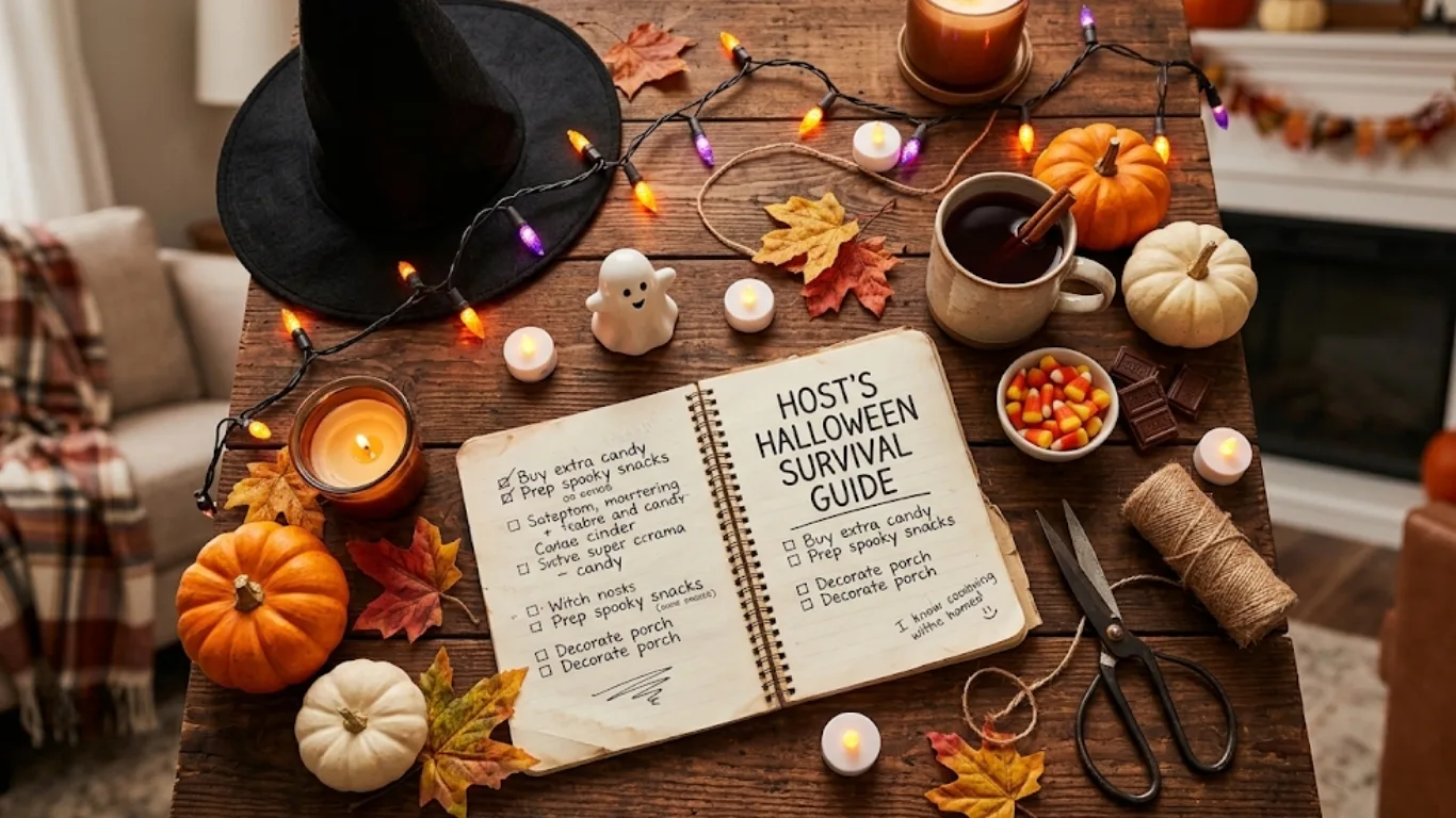 A host's Halloween survival checklist in a notebook on a wooden table, surrounded by pumpkins, candles, string lights and a witch hat