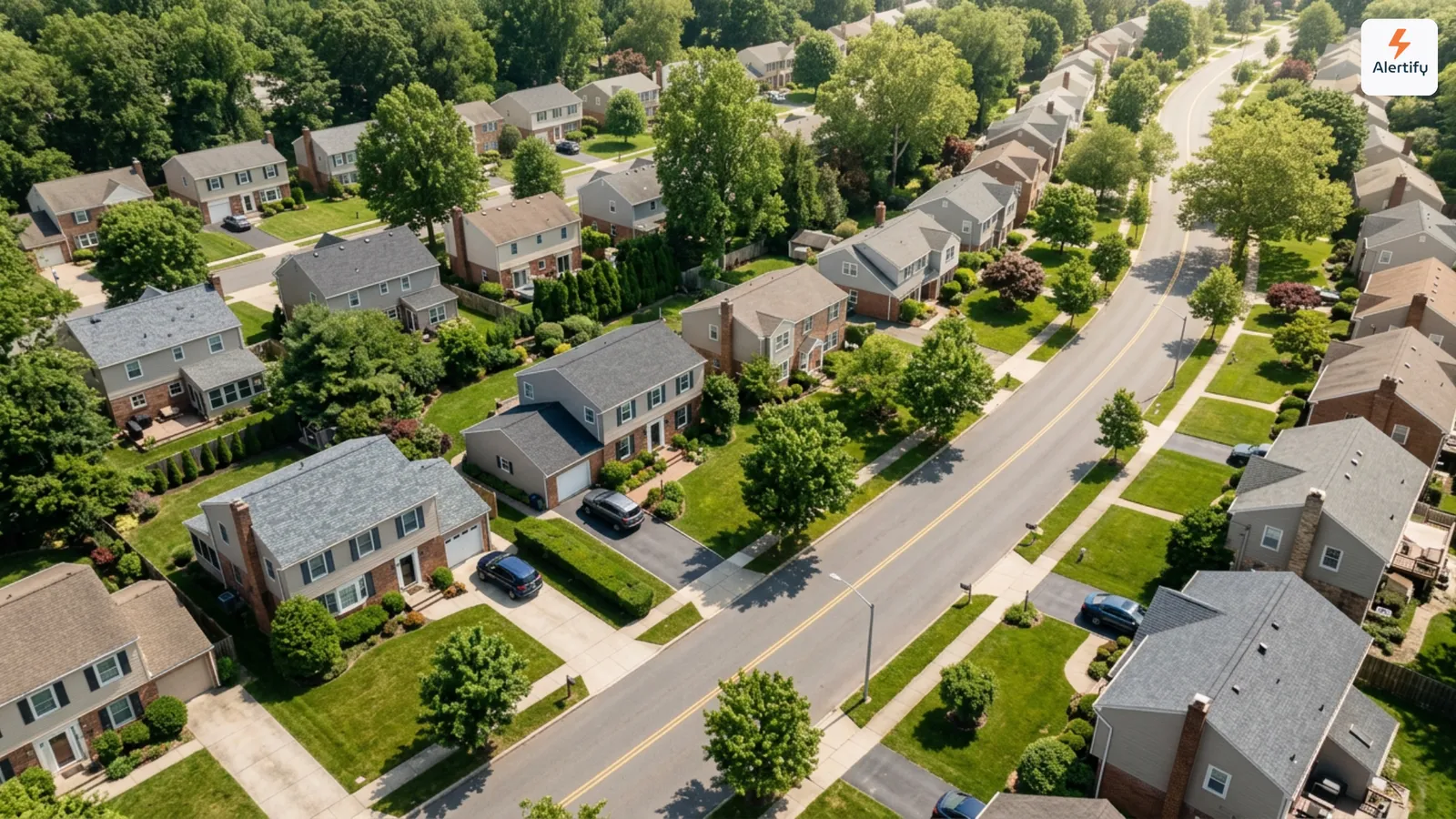 Aerial view of a tree-lined residential street of single-family homes