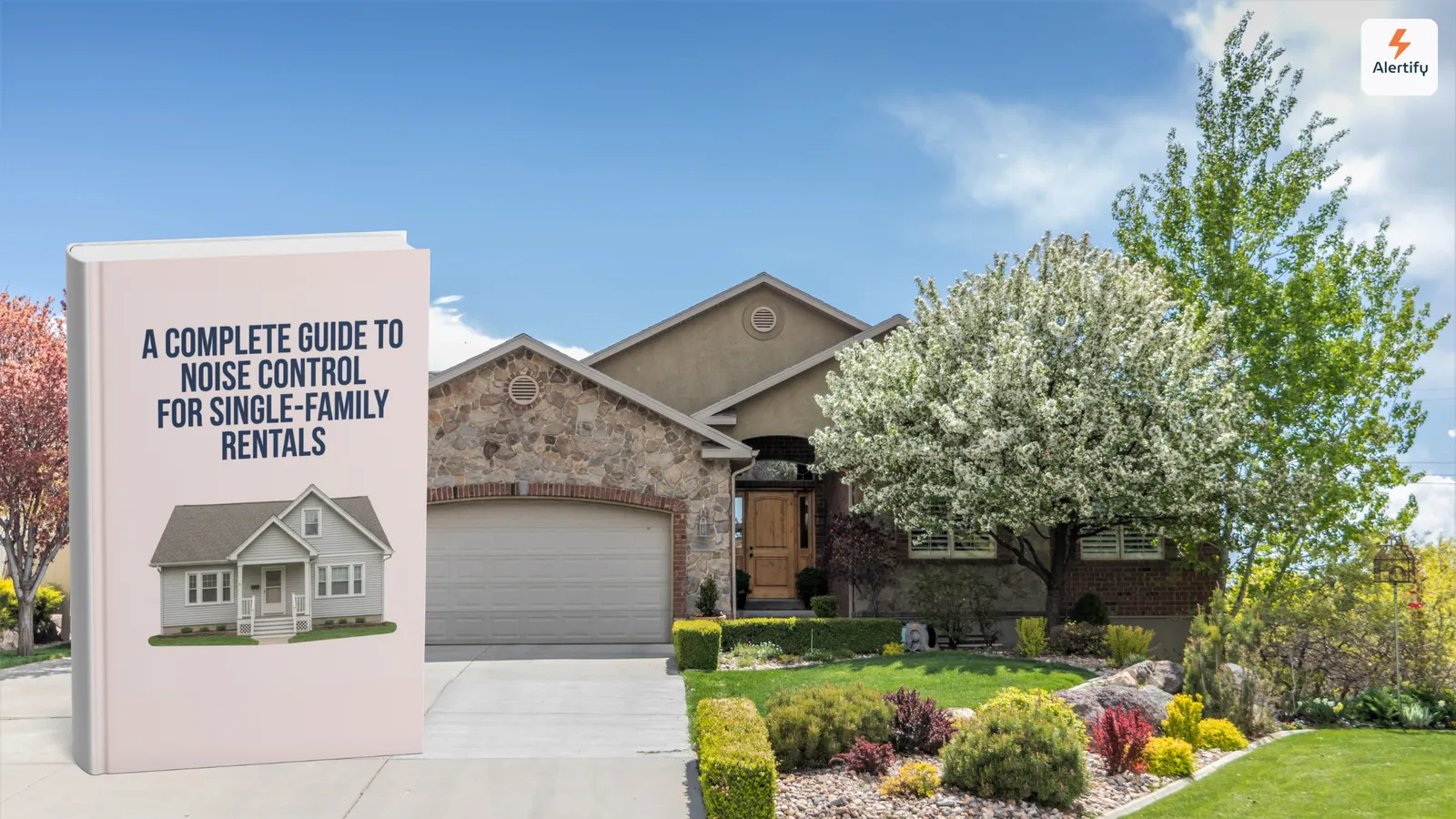 Detached suburban rental home with a front lawn beside a guide cover on noise control for single-family rentals