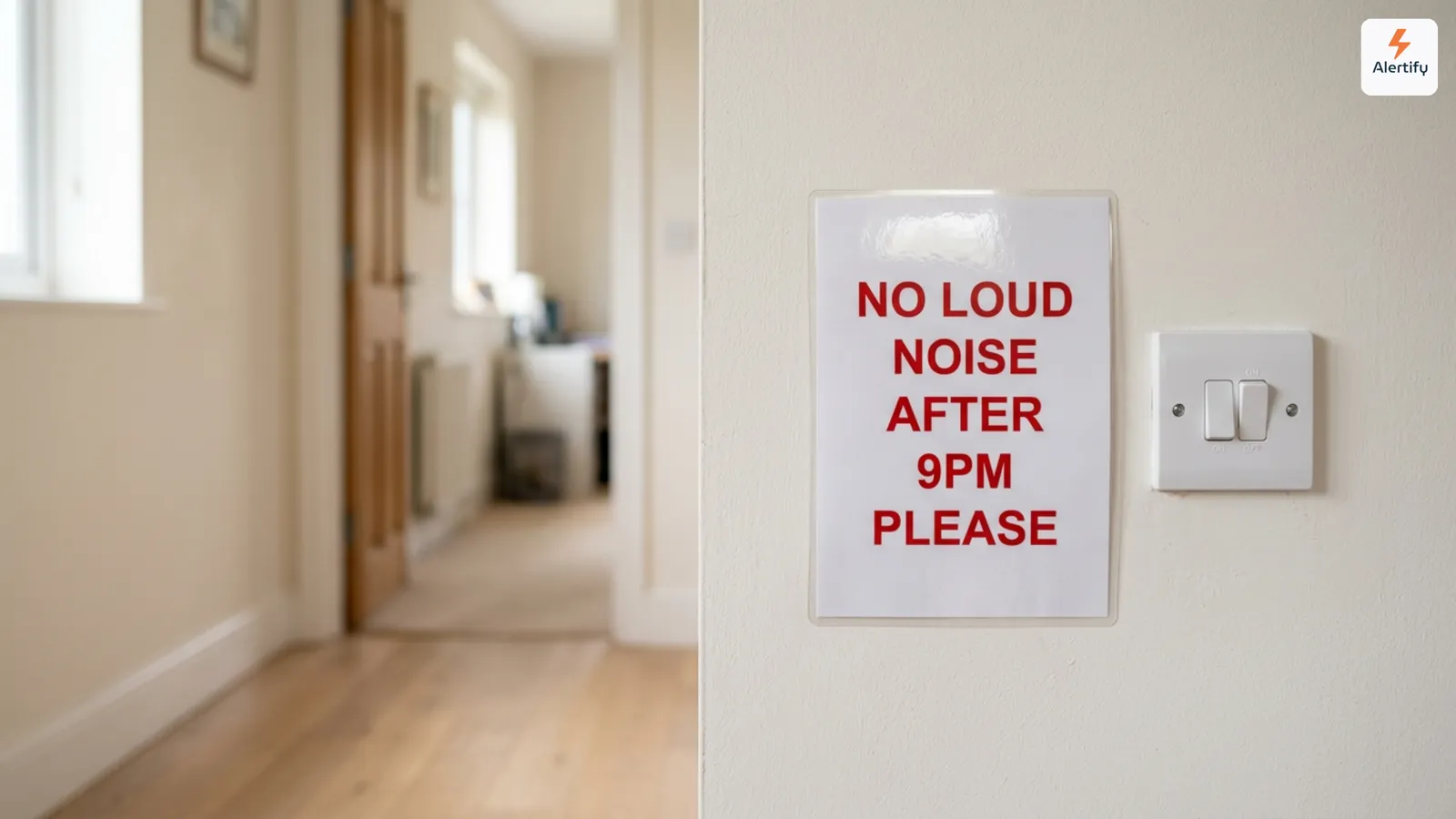 Sign on a hallway wall reading No loud noise after 9pm please
