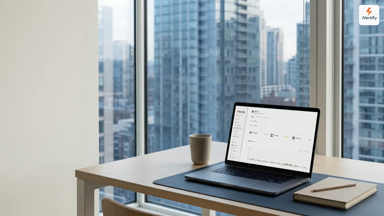 Laptop showing a property monitoring dashboard on a desk by a window overlooking city towers