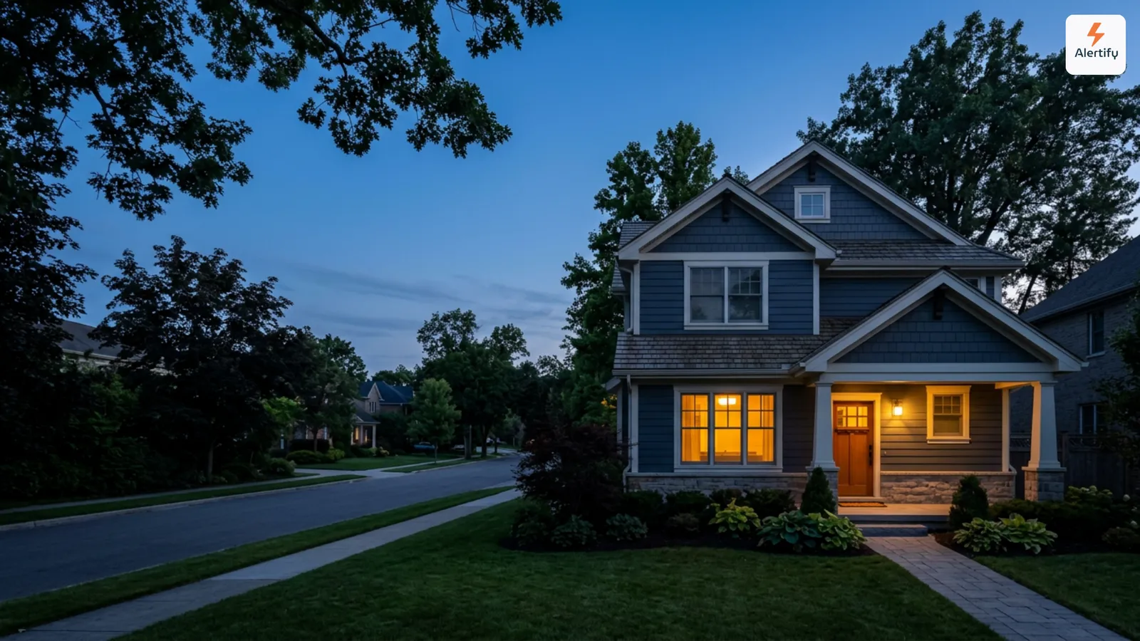 Single-family rental home at dusk with warm lights glowing in the windows on a quiet suburban street
