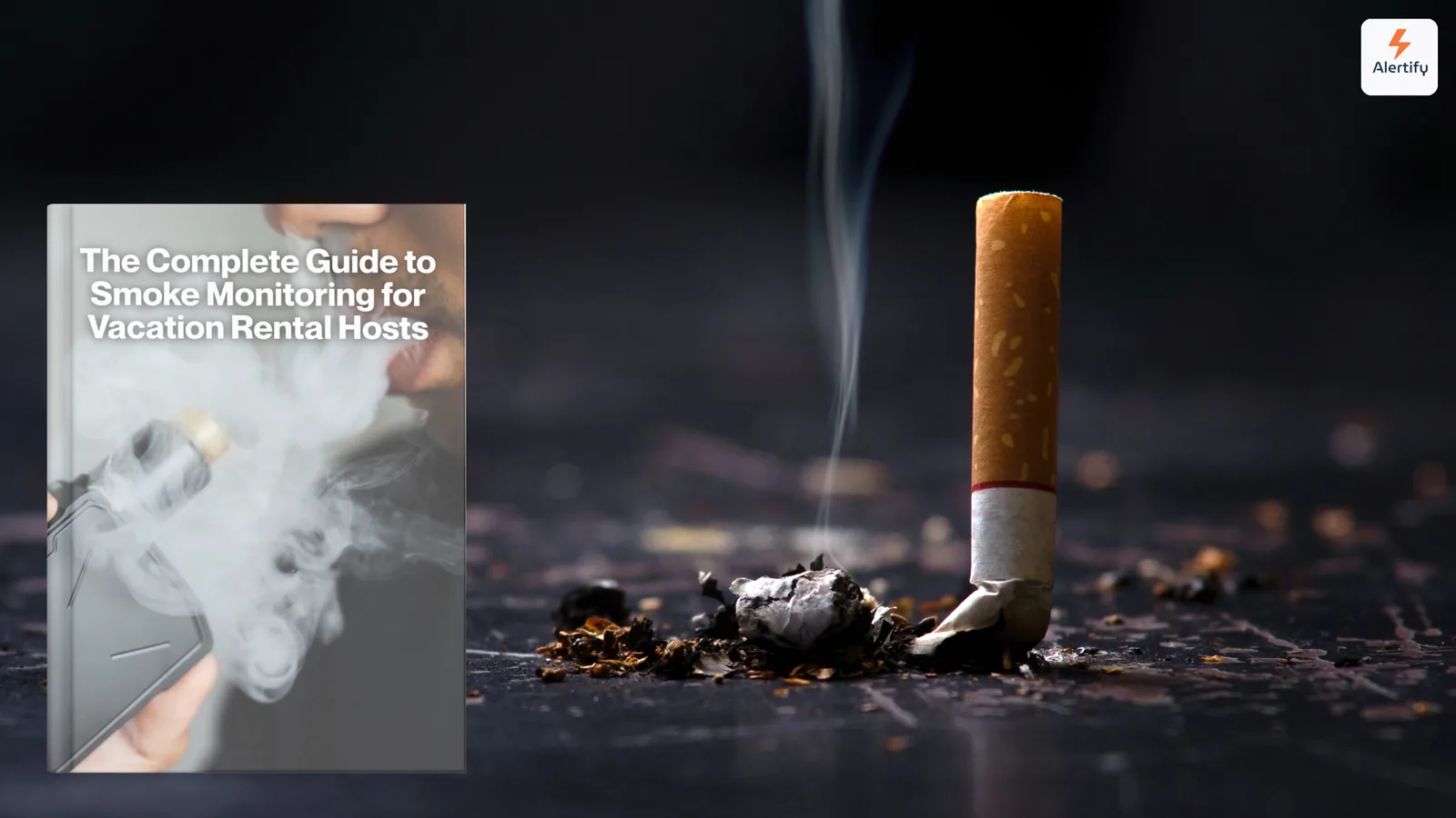 E-book style cover of the complete smoke monitoring guide beside a stubbed-out cigarette on a dark surface