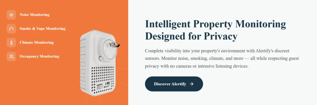 Alertify banner headed Intelligent Property Monitoring Designed for Privacy, listing noise, smoke and vape, climate and occupancy monitoring beside the plug-in sensor.