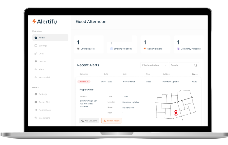 Alertify dashboard showing a recent gunshot alert with property info and a map pinpointing where the shot came from