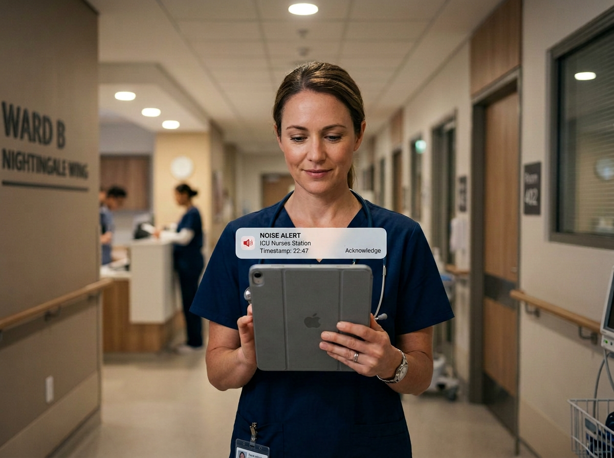 Noise monitor for medical centers alerting clinical staff by ward, OR, or floor