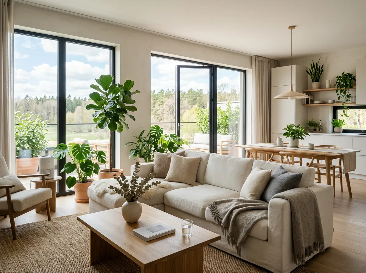A bright, calm living room in a modern rental home