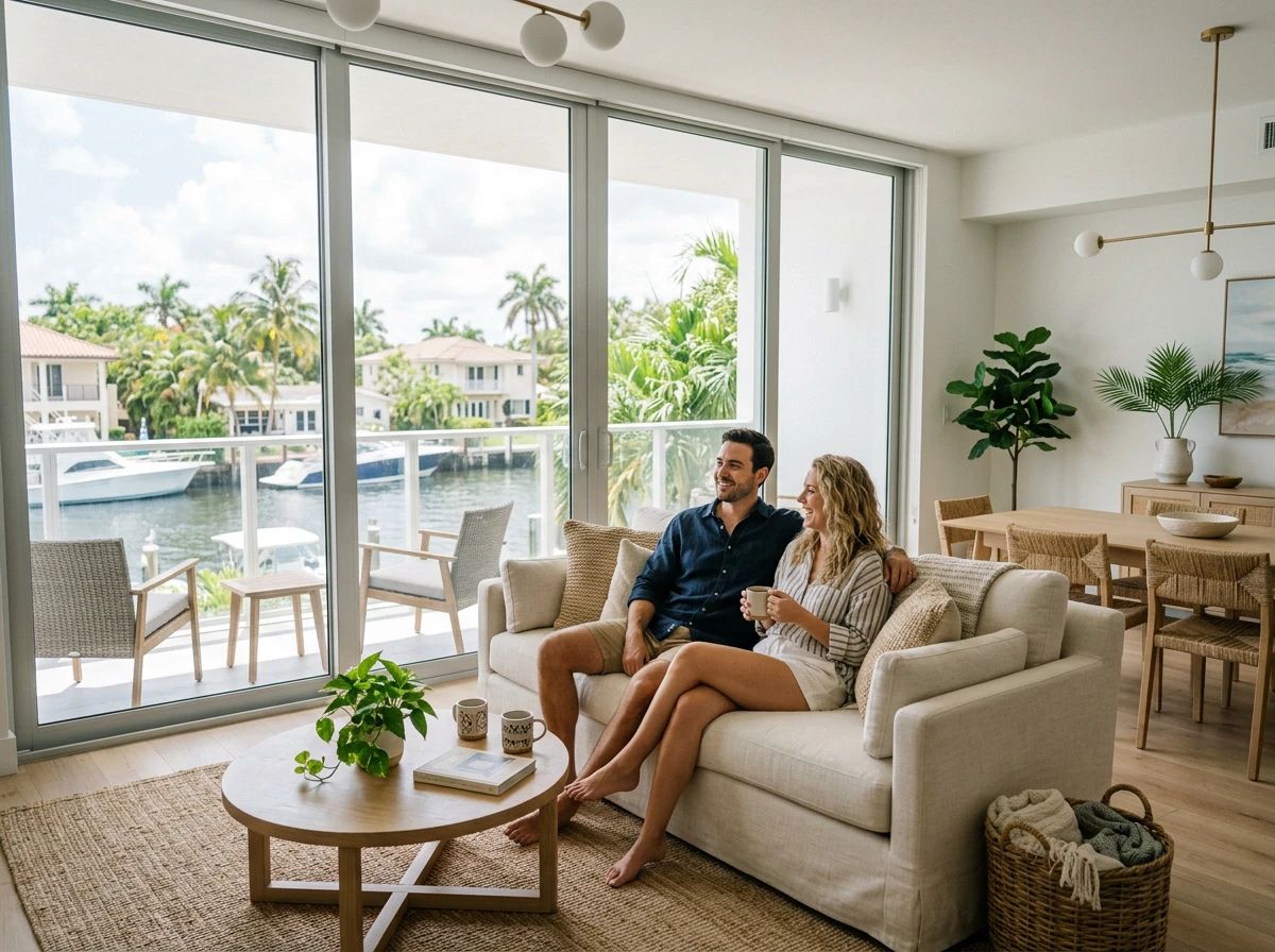 Couple relaxing in a bright waterfront vacation rental in Florida