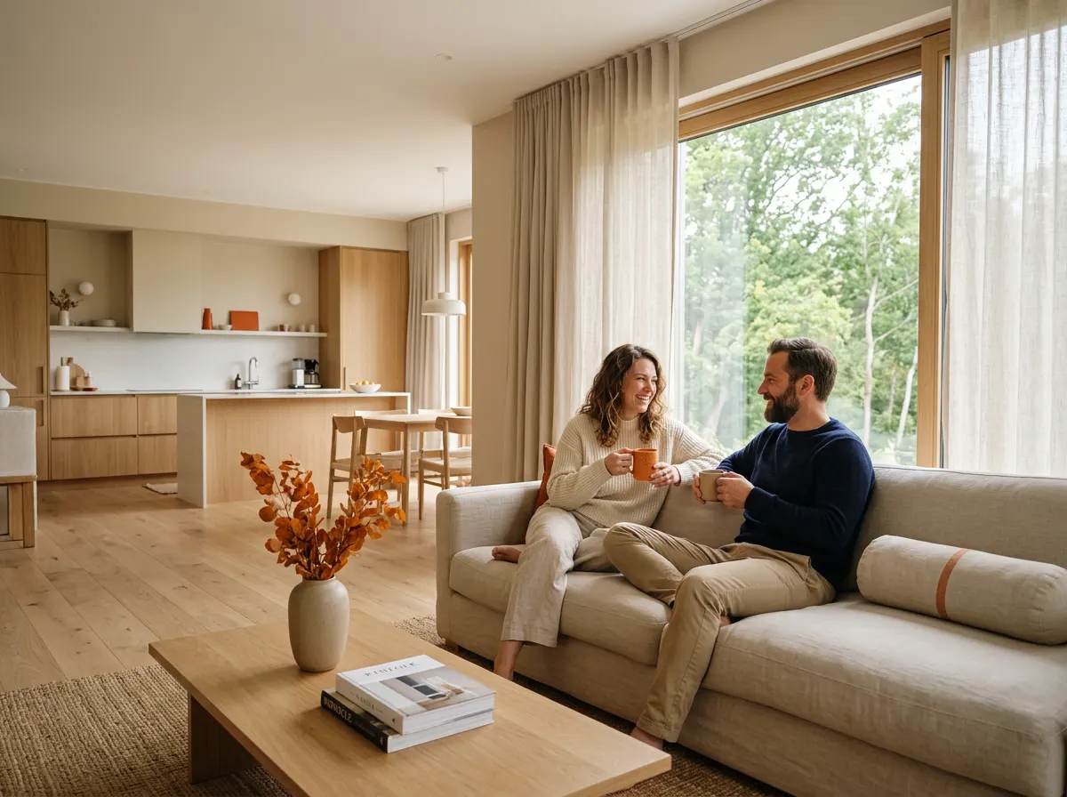 Two guests relaxing with coffee on the sofa of a bright, calm vacation rental